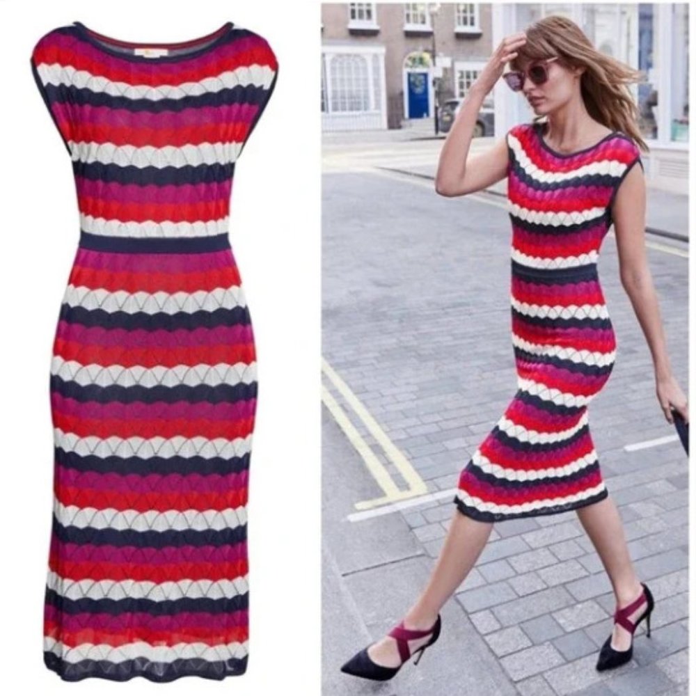 Boden Dress NWT Opal Midi Knitted Stripe White Chevron Pink Navy Red size 2